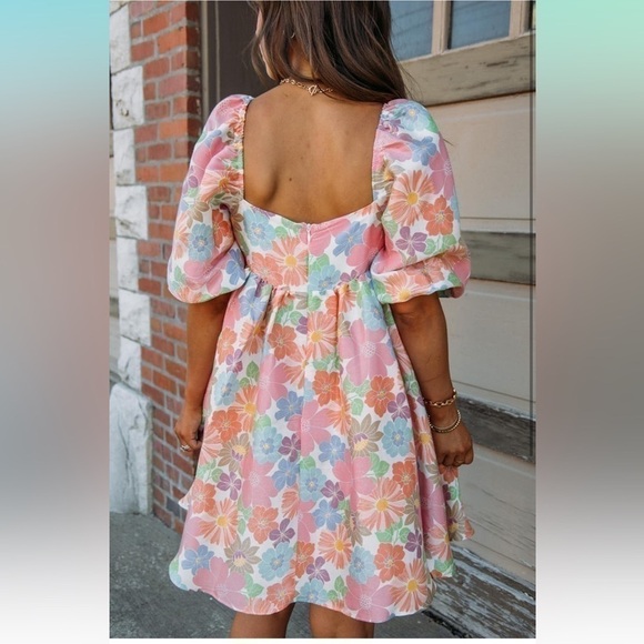 Juliana’s Dresses & Skirts - JULIANA'S Orange and Blue Sweetheart A-Line Dress with Puff Sleeves